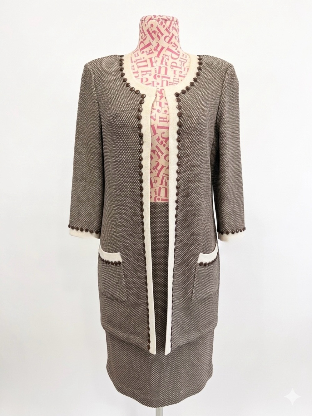 St. John Collection RT 08 Brown Ivory Check Suit Skirt Set Jacket 2 Skirt 4 Flaw